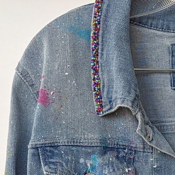 Paint Splatter Denim Jacket XL Handpainted Beaded - Picture 1 of 3